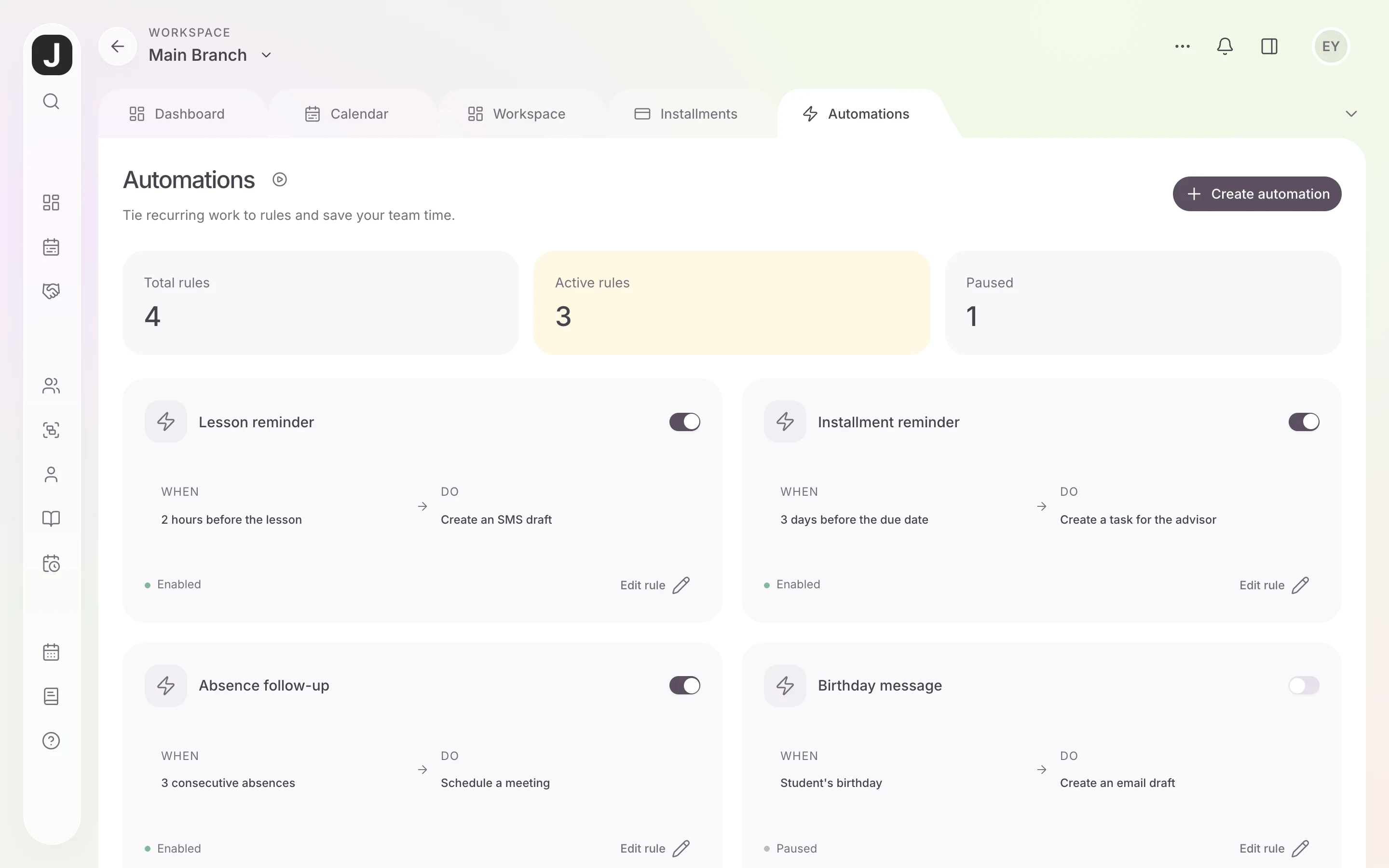 Jamaster LMS automations: class reminder, installment reminder and absence tracking rules