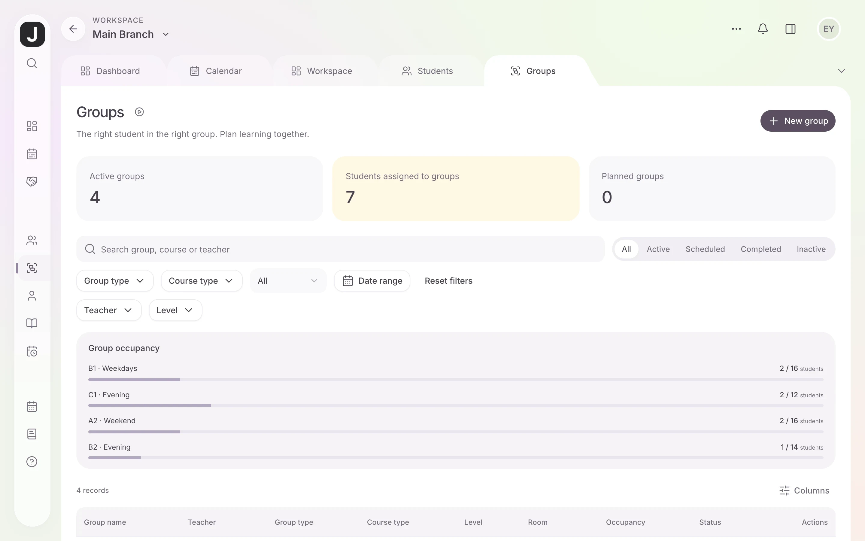 Jamaster LMS course management software: active groups and group capacity