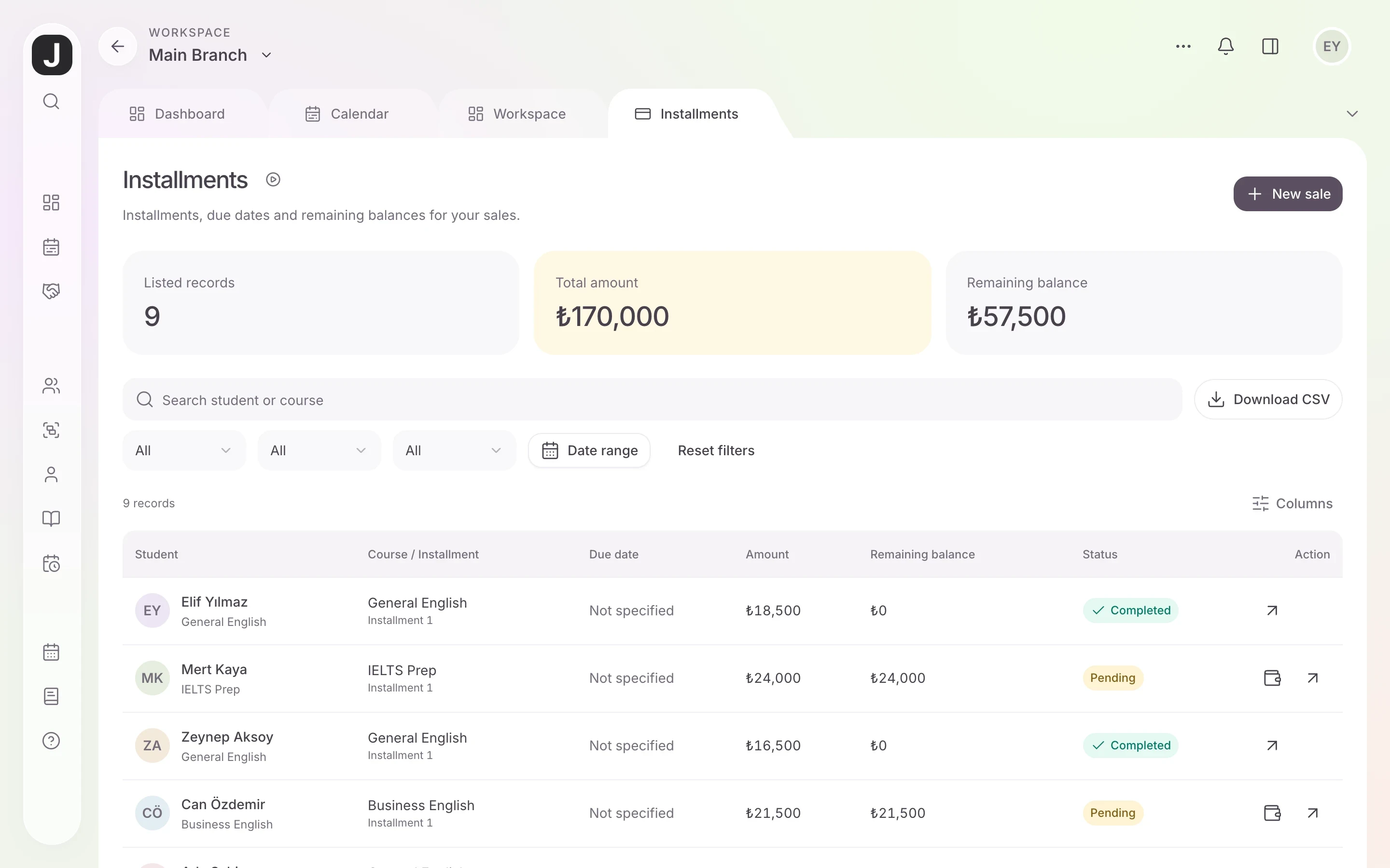 Jamaster LMS installment tracking: total amount, remaining balance and installment status