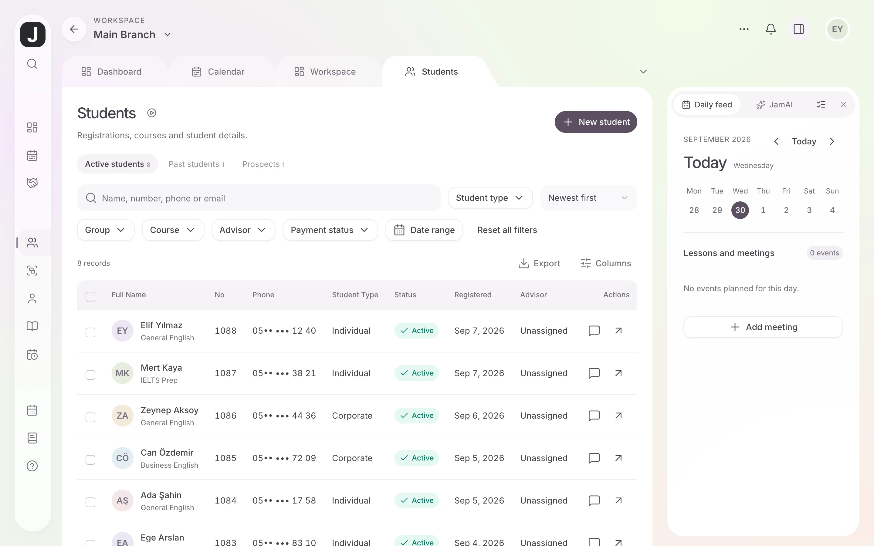 Jamaster LMS course management software: student tracking and daily agenda screen